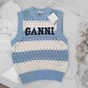 Ganni Women's Blue and Cream Crewneck Sweater Vest